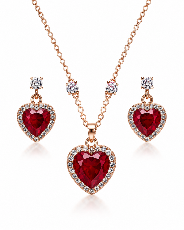Luxury Red Heart Crystal Pendant Necklace & Earrings